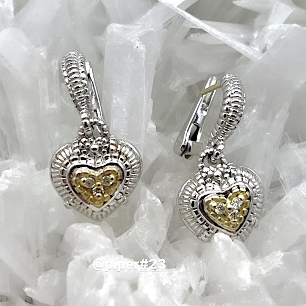 Judith Ripka Sterling Silver 18K Gold JR TWO Diamond Heart Romance Drop Earrings